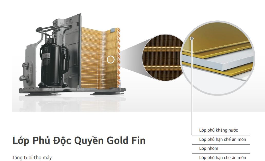 Lớp phủ Gold Fin độc quyền của LG có khả năng chống gỉ sét hiệu quả, bảo vệ dàn tản nhiệt